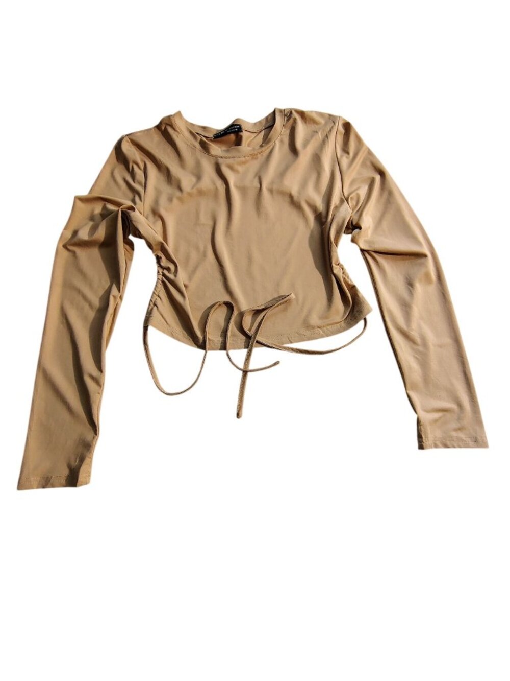 Skein Womens Beige Long Sleeve Ruched Crop Top W/Tie Detail Size L Soft, smooth